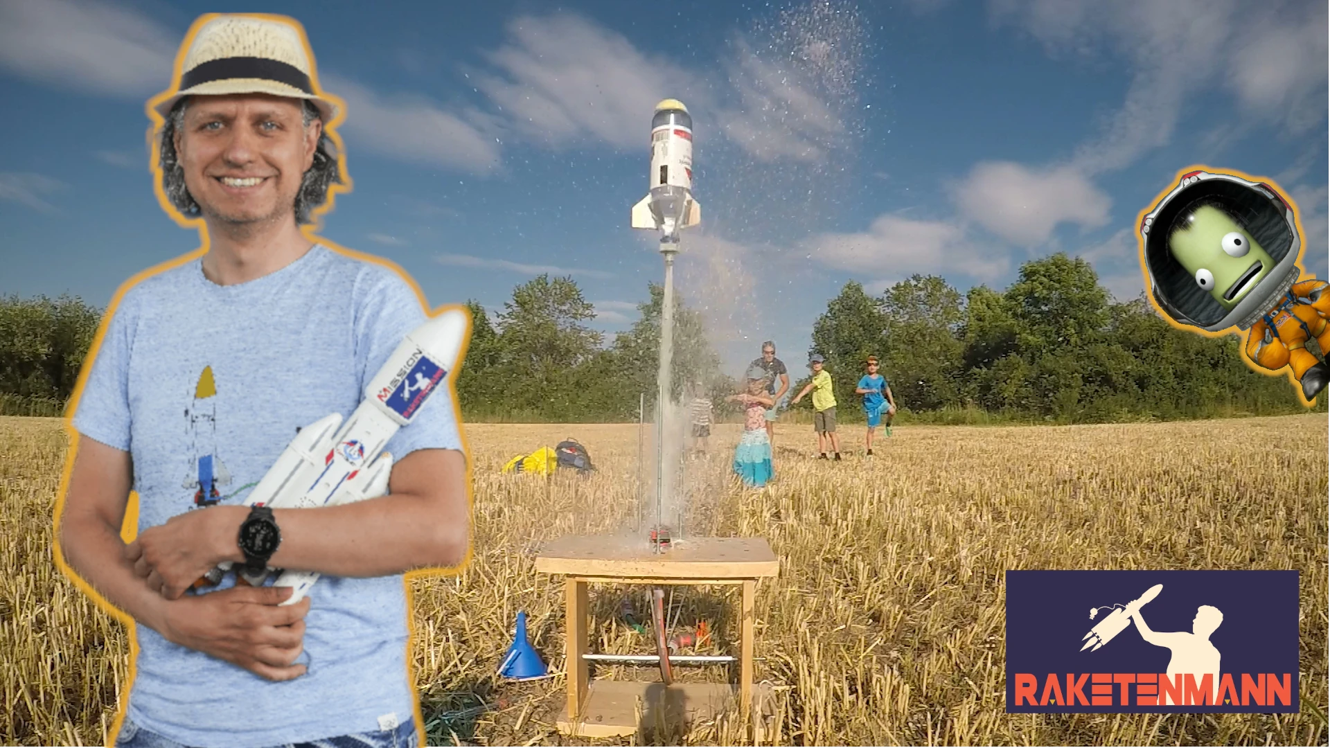 Man holding a rocket in front and in the background a water rocket flying to the sky